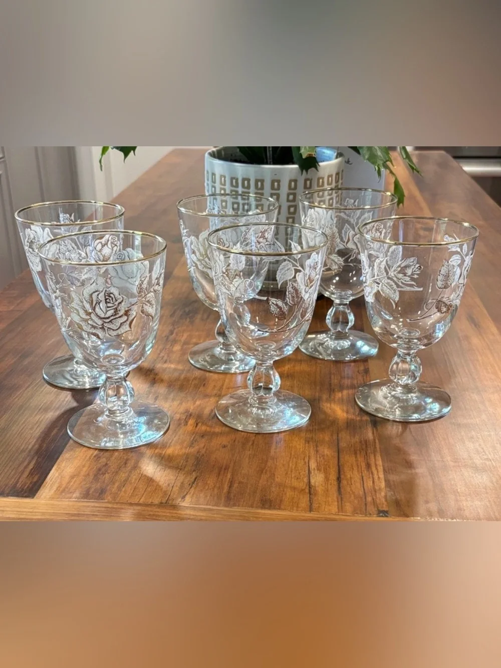 6 Vintage Libbey Rose Bouquet Water / Wine Goblets